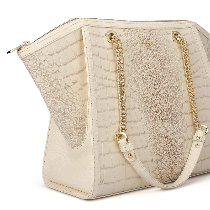 Da Milano Marshmallow Medium Croco Leather Tote - Marshmallow for Women | Best Price UAE